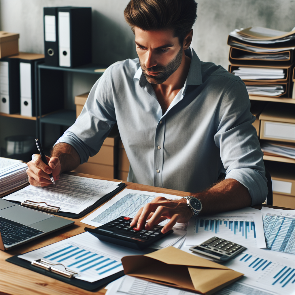 Mann am Schreibtisch mit Laptop, Ordnern und Steuerdokumenten, konzentriert und organisiert