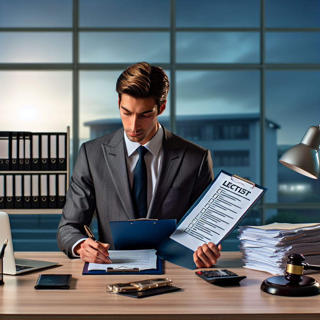 Person prüft Ordner und Checkliste am Schreibtisch mit Laptop und Gesetzesunterlagen