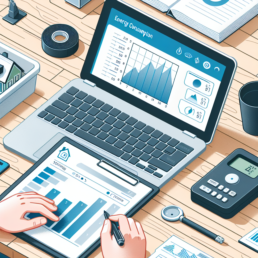Mitarbeiter prüft Energieverbrauchsdiagramm auf Laptop mit Notizen und kleinem Sensorgerät