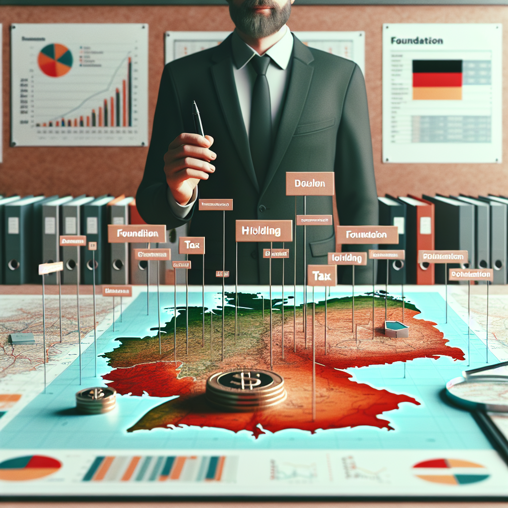 Unternehmer zeigt Diagramme vor Deutschlandkarte, Akten mit Steuern, Holding und Stiftung erkennbar