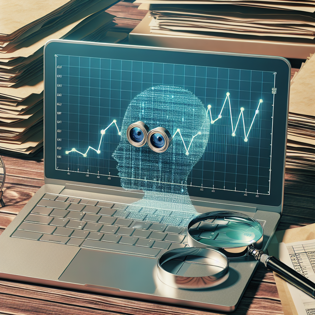 Laptop mit Diagramm schwankender Gewinne, Akten, Lupe und KI-Symbol