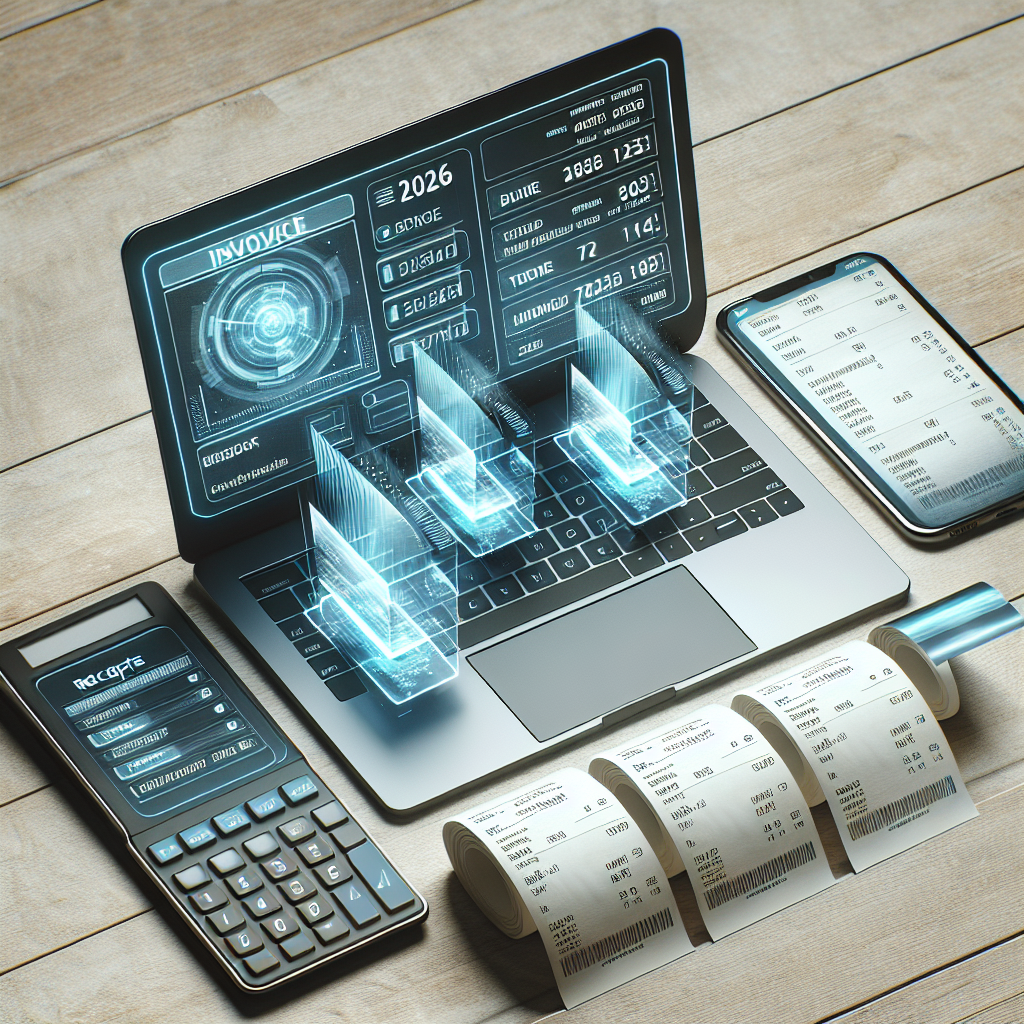 Laptop mit E‑Rechnung auf Bildschirm, gescannte Belege und Smartphone daneben
