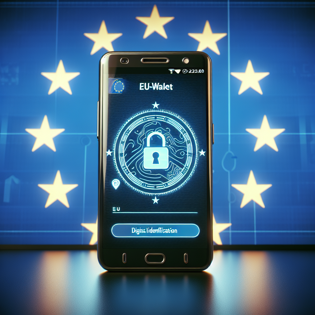 Smartphone-Bildschirm zeigt EU-Wallet, digitalen Ausweis und Schloss-Symbol