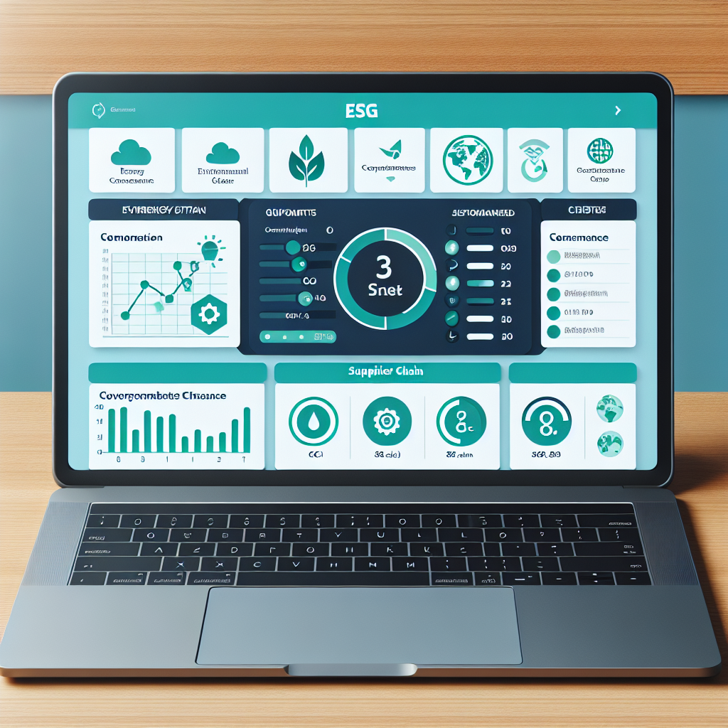 Laptopbildschirm mit ESG‑Dashboard: CO2‑Diagramm, Energieverbrauch, Lieferketten‑KPI und Compliance‑Status