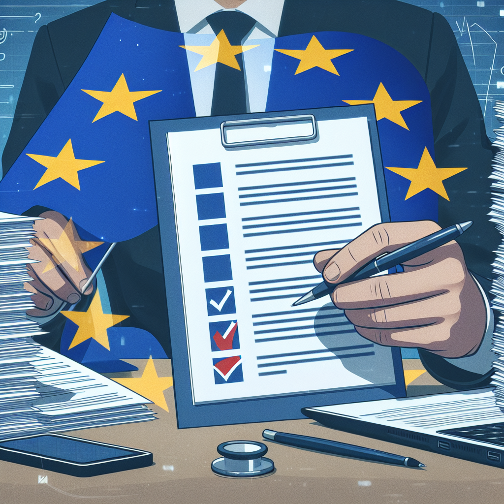 Person überprüft Normdokumente und Checkliste, EU‑Flagge im Hintergrund