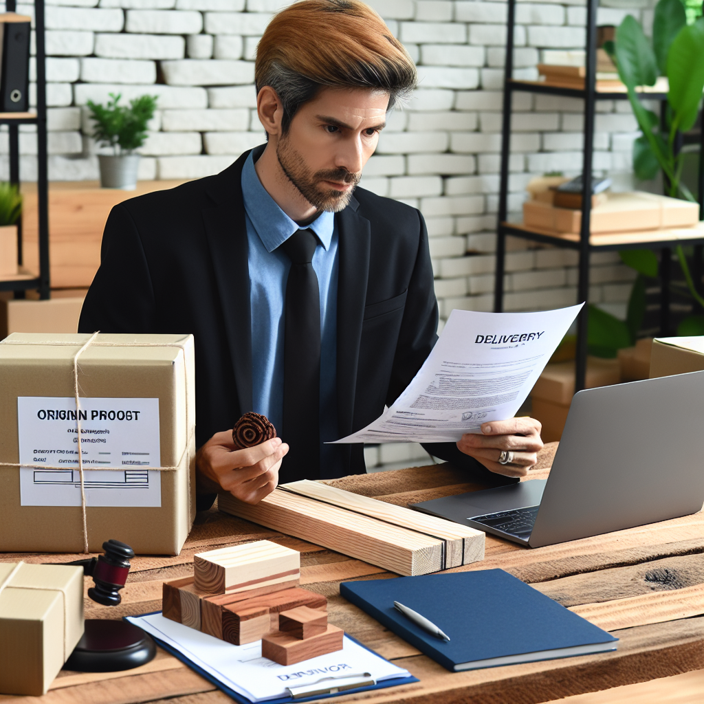Geschäftsführer prüft Herkunftsnachweise, Lieferpapiere, Laptop und Holzmuster auf Schreibtisch