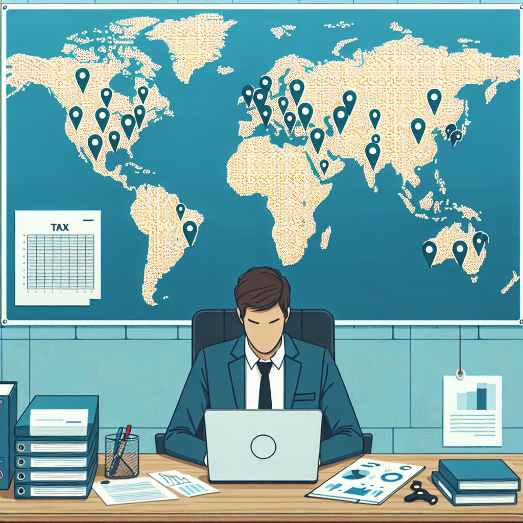 Unternehmer am Schreibtisch vor Weltkarte mit Stecknadeln, Laptop und Steuerunterlagen