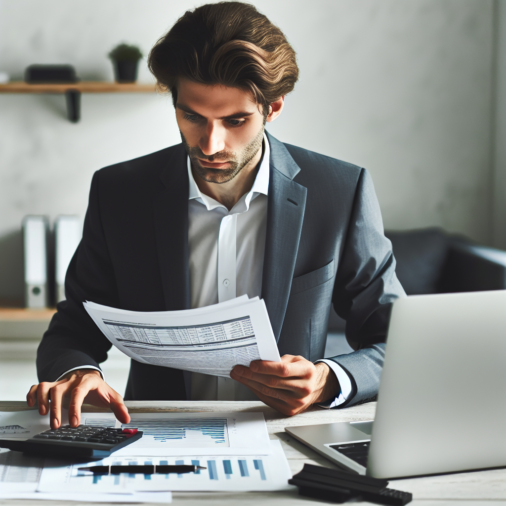 Geschäftsführer analysiert Steuerunterlagen zur Steuerlast am Laptop mit Taschenrechner und Diagrammen