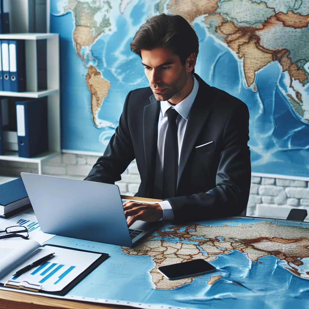 Geschäftsführer am Laptop mit Akten und Europakarte auf dem Schreibtisch