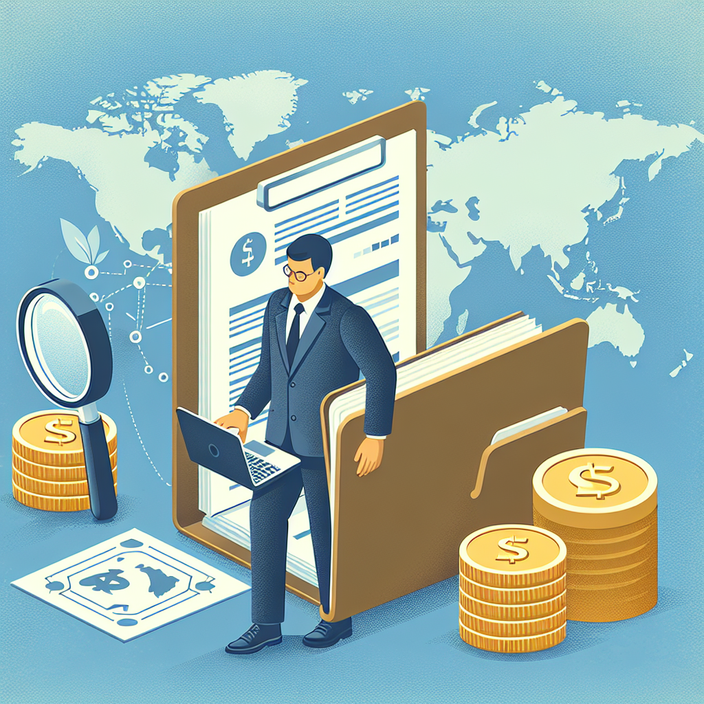 Geschäftsperson mit Laptop, Aktenordner, Weltkarte und Münzstapel – Visual zu Holding, Stiftung, Auslandsfirma