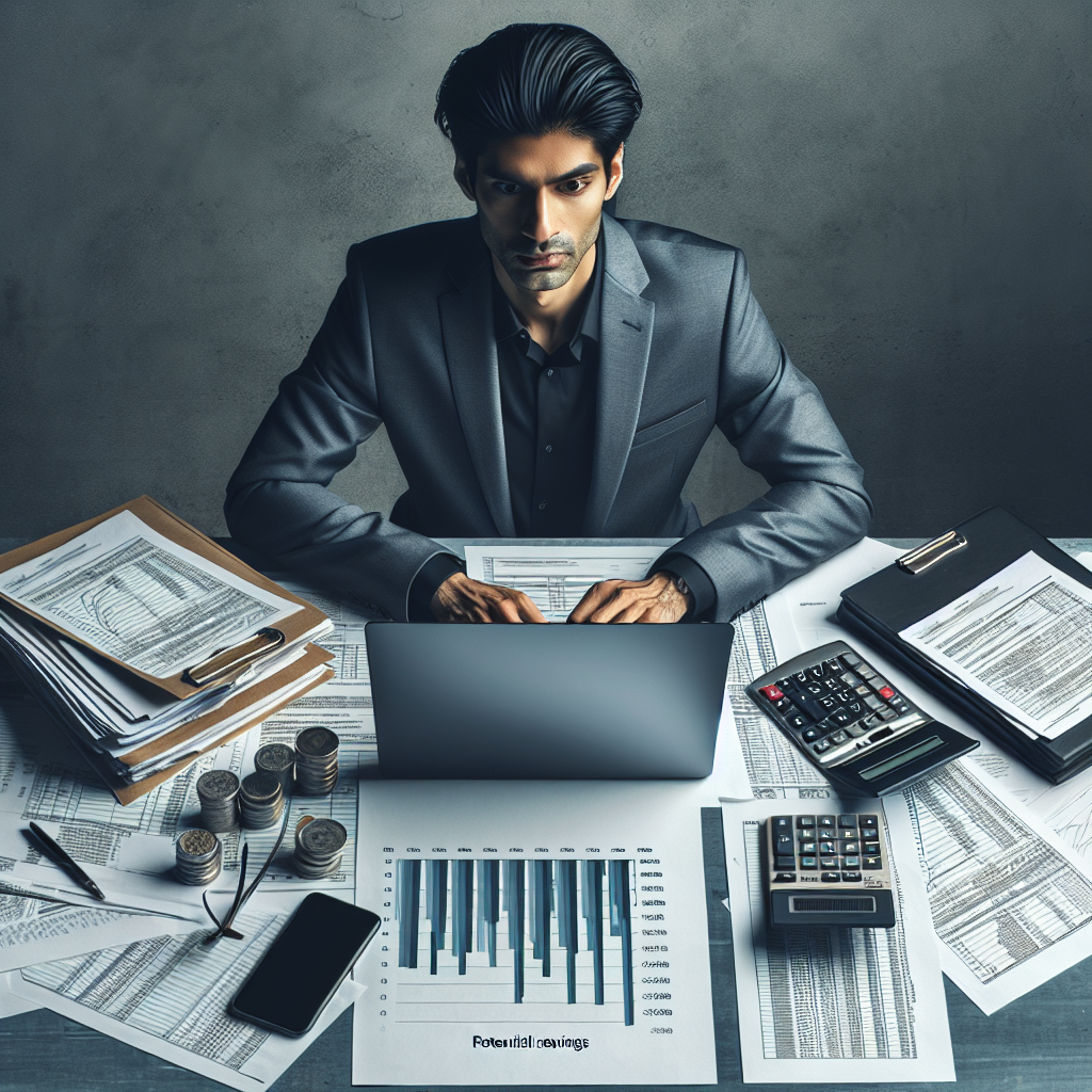 Unternehmer am Schreibtisch mit Laptop, Taschenrechner und Steuerunterlagen, Diagramm zeigt Einsparpotenzial