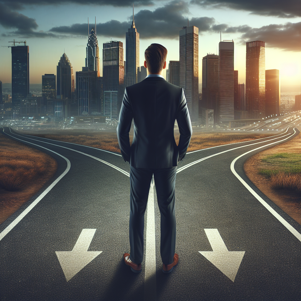 Mann im Anzug steht an Weggabelung und blickt auf Stadtpanorama