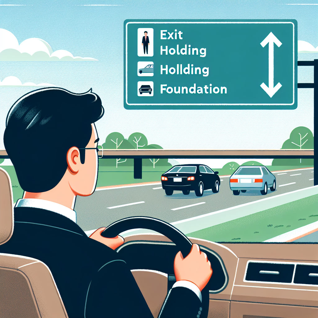 Unternehmer im Auto schaut auf Wegweiser mit 'Exit', 'Holding', 'Stiftung'
