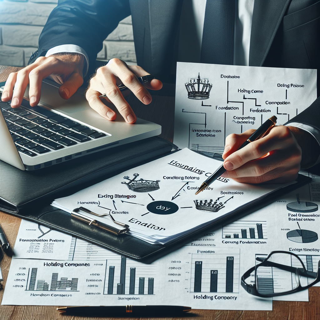 Unternehmer am Schreibtisch mit Laptop und Unterlagen zu Holding, Stiftung und Exit-Strategien