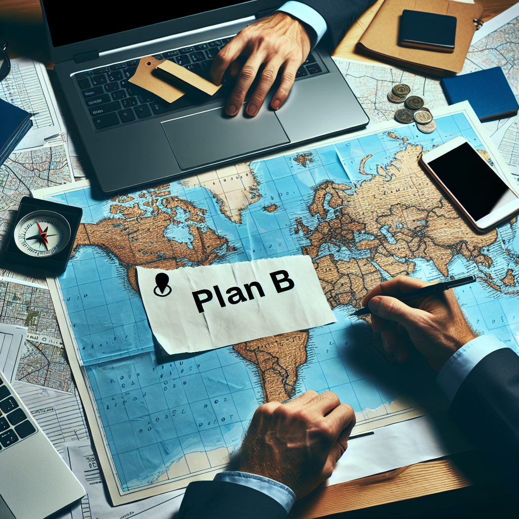 Geschäftsperson am Schreibtisch mit Laptop, Dokumenten und Standortkarte, Plan-B-Notizen sichtbar, Jahreszahl 2026