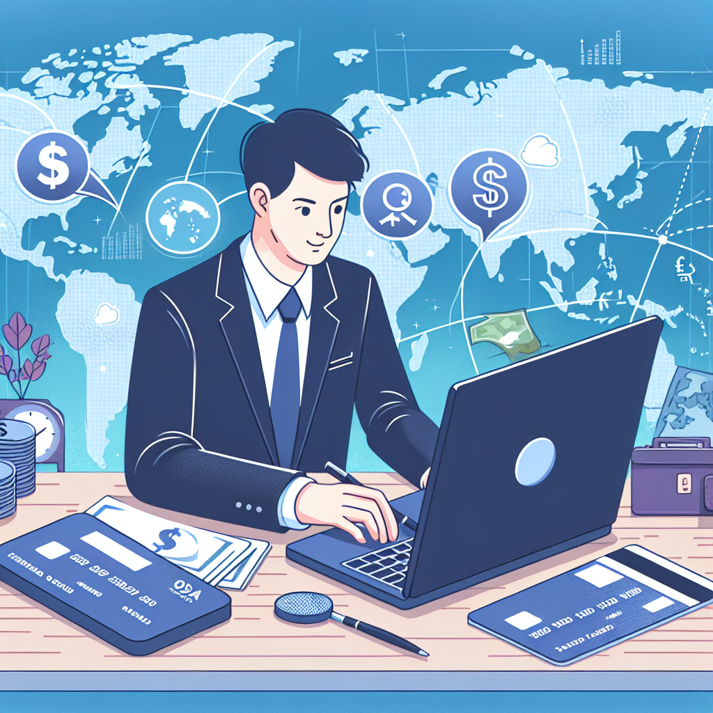 Geschäftsmann am Laptop vor Weltkarte mit Bankkarten und Währungssymbolen