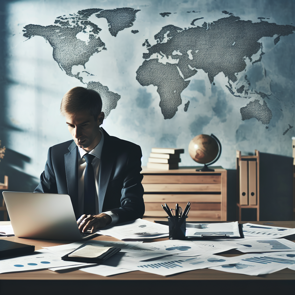 Person am Schreibtisch mit Laptop, Akten und Weltkarte an der Wand