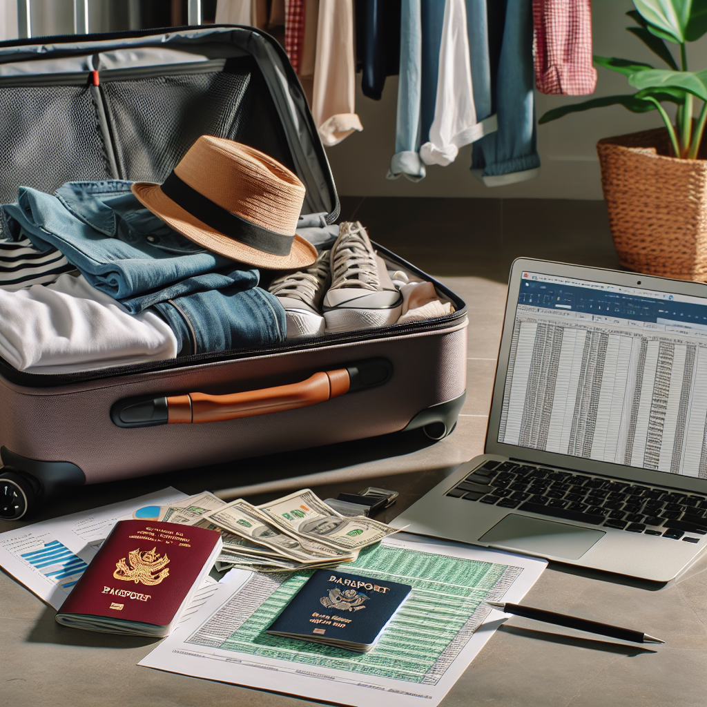 Person packt Koffer neben Pass, Laptop und Steuerunterlagen zur Wegzugsbesteuerung