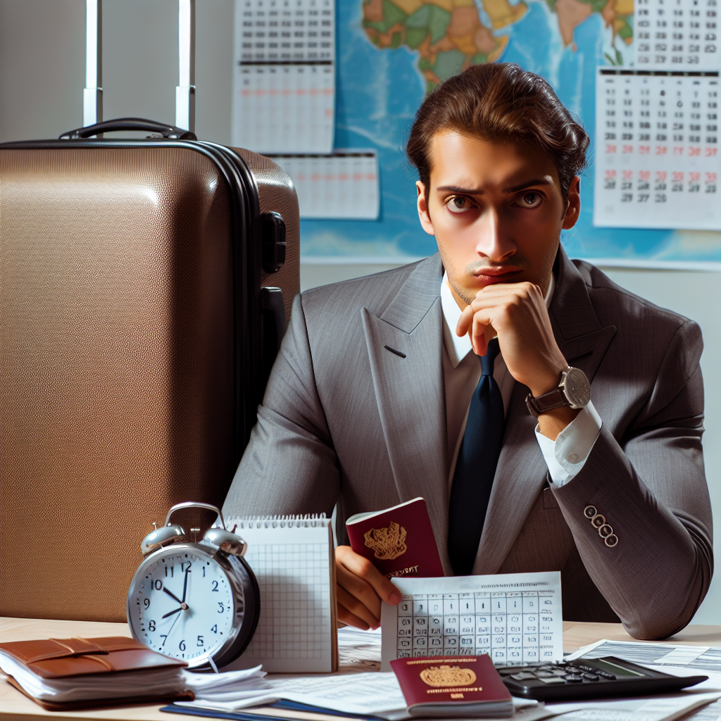 Person am Tisch mit Koffer, Reisepass, Kalender und Steuerunterlagen