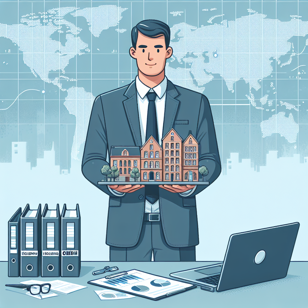 Geschäftsmann vor Weltkarte mit Laptop, Akten und Miniaturgebäuden beschriftet 'Holding' und 'GmbH'
