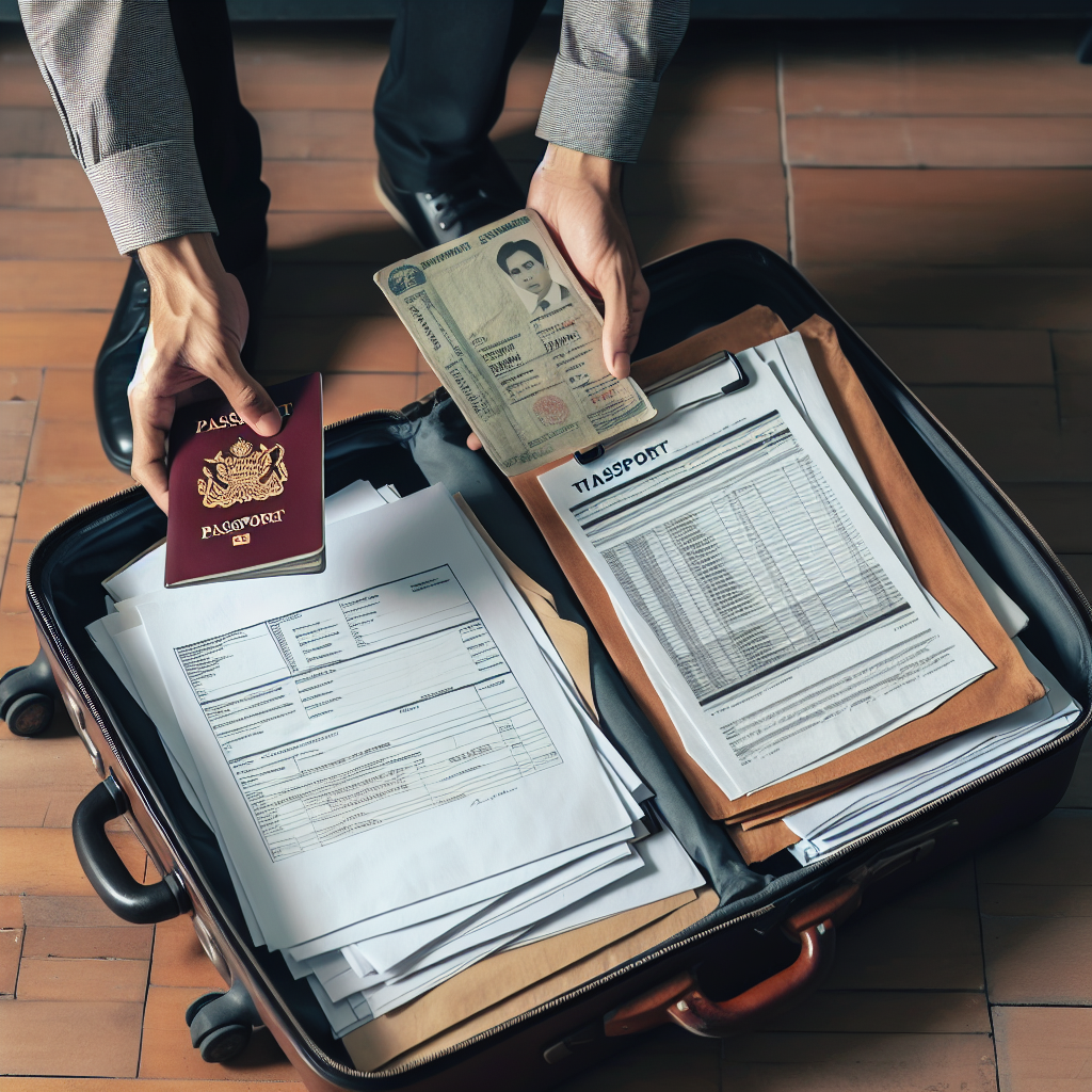 Person packt Reisepass, Steuerunterlagen und Vertragsdokumente in Koffer