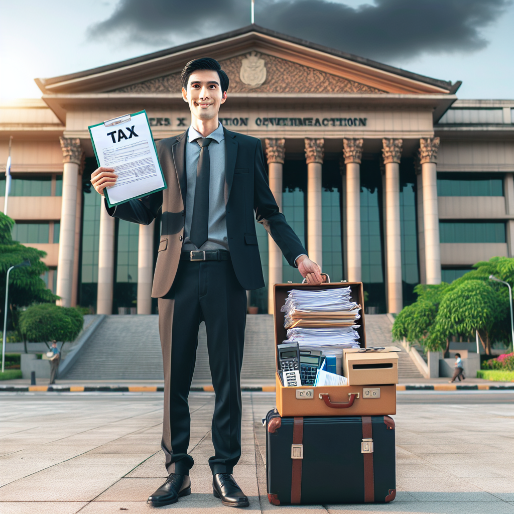 Geschäftsmann hält Koffer und Steuerunterlagen vor Behördengebäude, Umzug und Steuerprüfung sichtbar