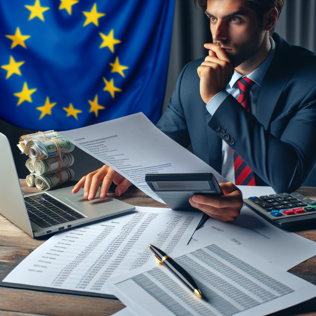 Unternehmer prüft Rechnungen mit Taschenrechner, Laptop und EU-Flagge im Hintergrund