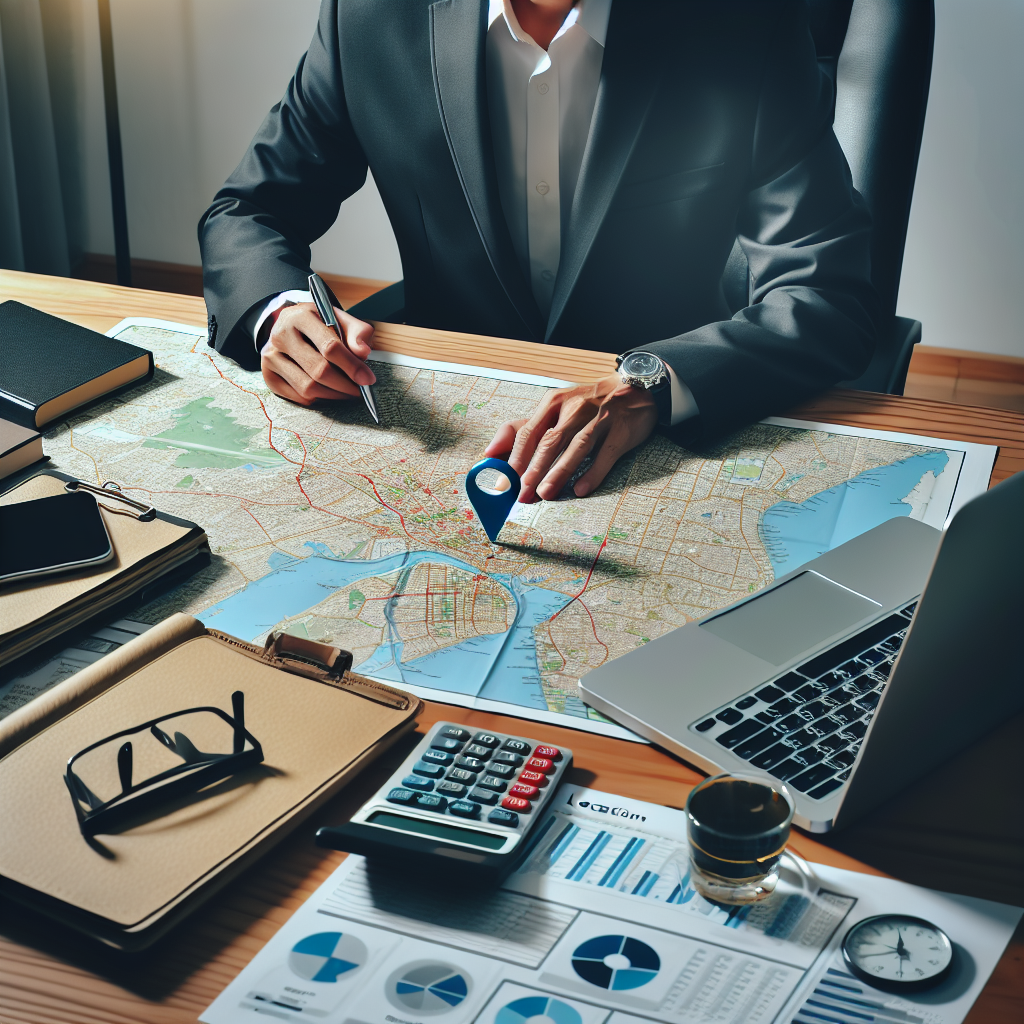 Person am Schreibtisch mit Laptop, Unterlagen, Taschenrechner und Landkarte
