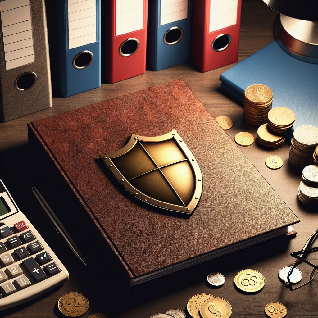 Schreibtisch mit Ordnern, Taschenrechner, Münzen und Schutzschild-Icon