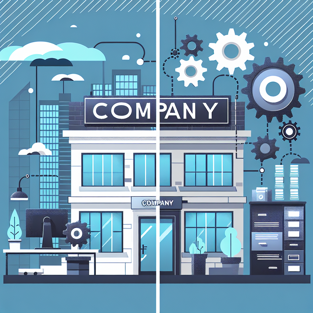 Geteilter Bildschirm: links Büro mit 'Firma'-Schild, rechts Büro mit 'LLC'-Schild und Zahnräder