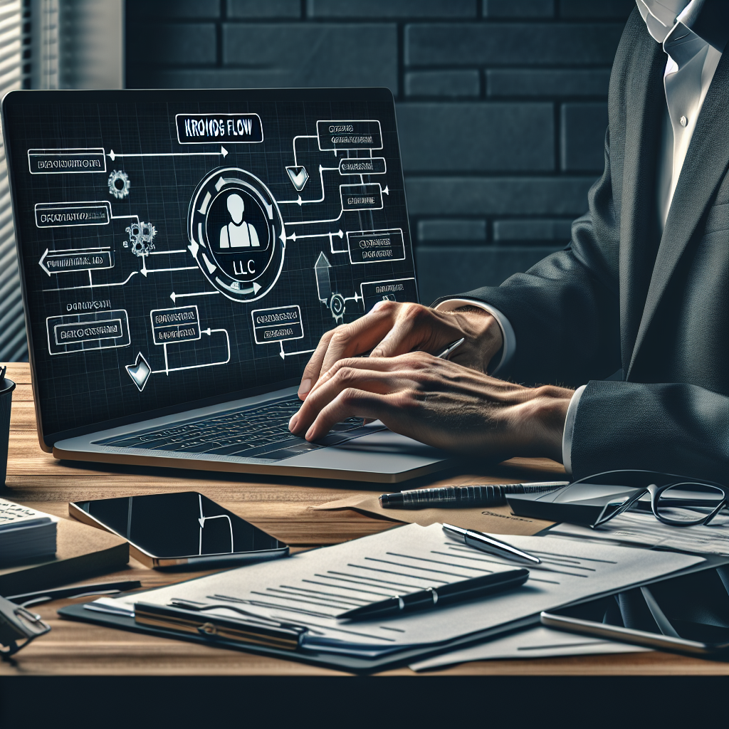 Geschäftsperson am Laptop zeigt Prozessdiagramm (Kronos Flow), Checkliste und LLC‑Dokument
