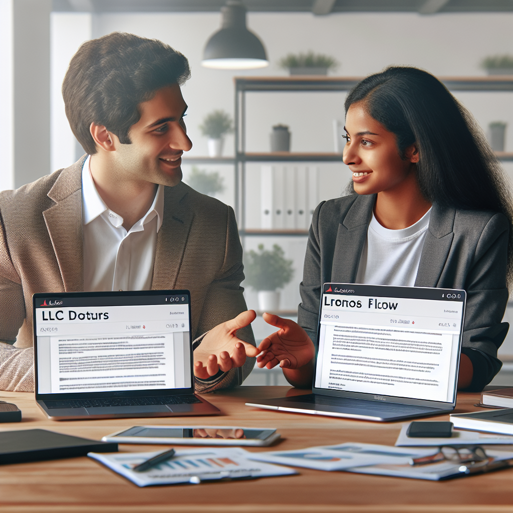 Zwei Gründer mit Laptop zeigen LLC-Dokumente und Kronos Flow-Workflow auf dem Bildschirm