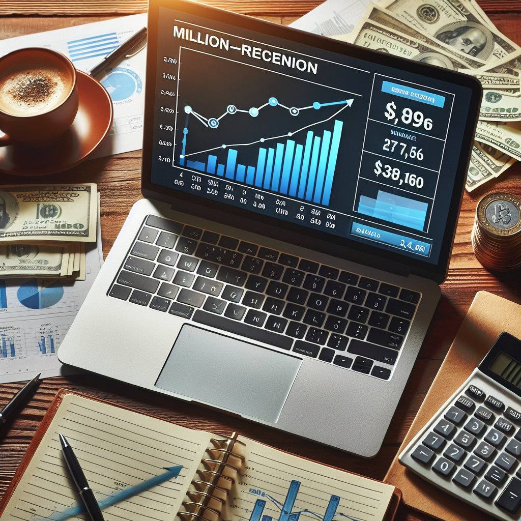 Laptop zeigt aufsteigendes Umsatzdiagramm, Taschenrechner und Notizen zur Millionen-Kalkulation auf Holztisch