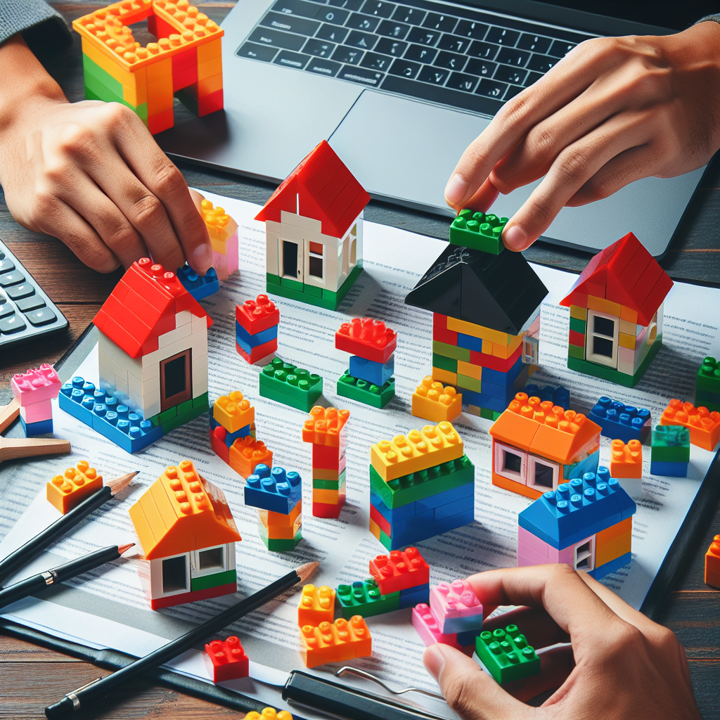 Hände ordnen bunte Lego‑Bausteine neben Laptop, symbolisieren Struktur für LLC gründen und Projekte starten