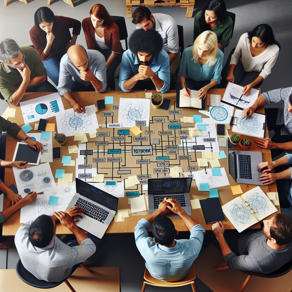 Team bei Workshop am Tisch mit Laptop, Diagrammen und Notizzetteln zur Netzwerkstruktur