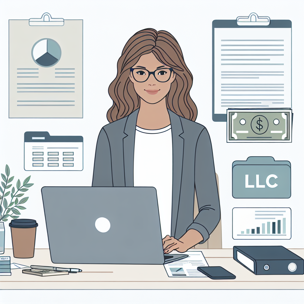Gründer am Schreibtisch mit Laptop, Ordner 'LLC' und getrennten Kontoauszügen
