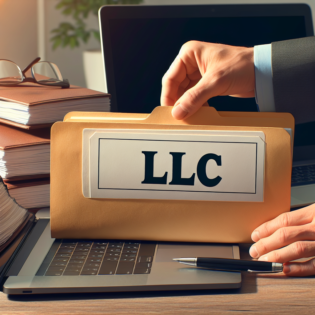 Hand legt Aktenordner mit „LLC“-Etikett auf Schreibtisch neben Laptop