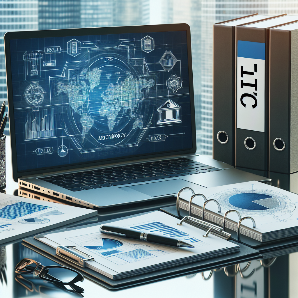 Laptop mit Unternehmensdiagramm, Ordner mit Beschriftung LLC und Notizblock auf Schreibtisch