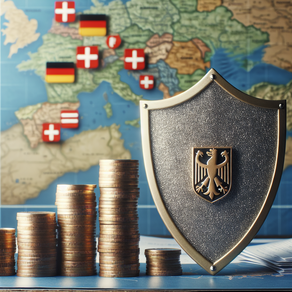 Münzstapel vor Schutzschild und Karte von Deutschland, Österreich, Schweiz