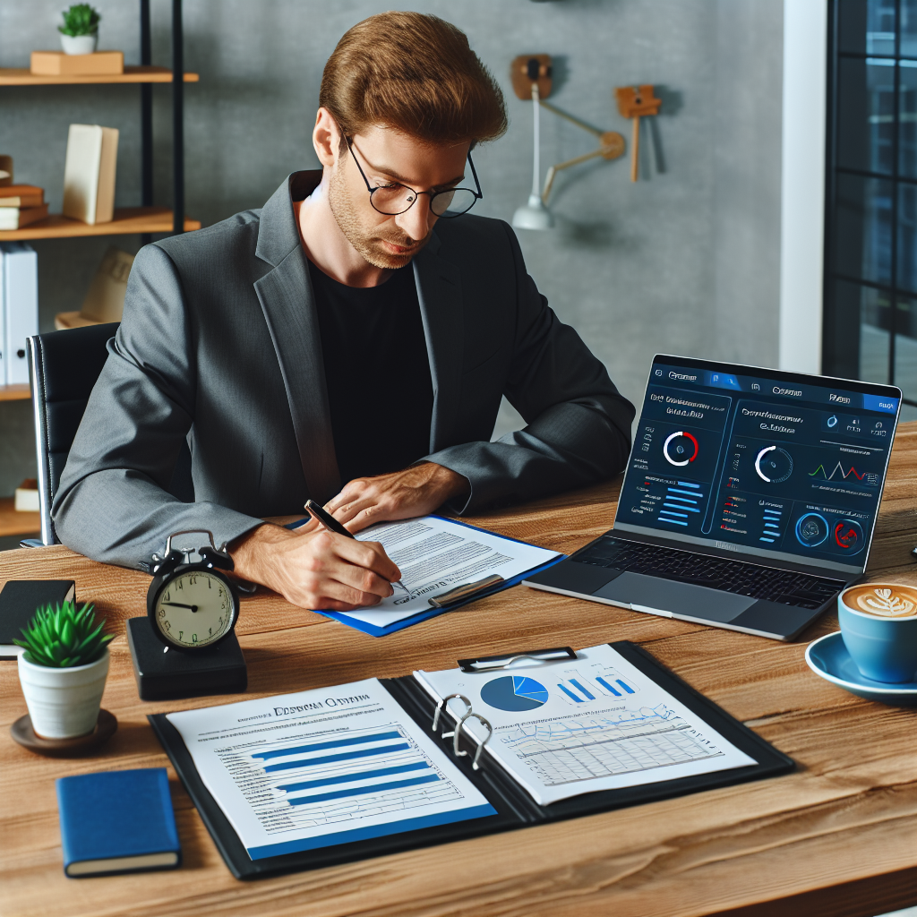 Unternehmer prüft LLC-Vertrag neben Laptop mit Kronos Flow Dashboard