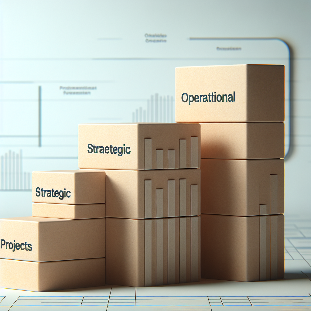 Gestapelte Blöcke mit Beschriftungen Operativ, Strategisch und Projekte zur Unternehmensstruktur