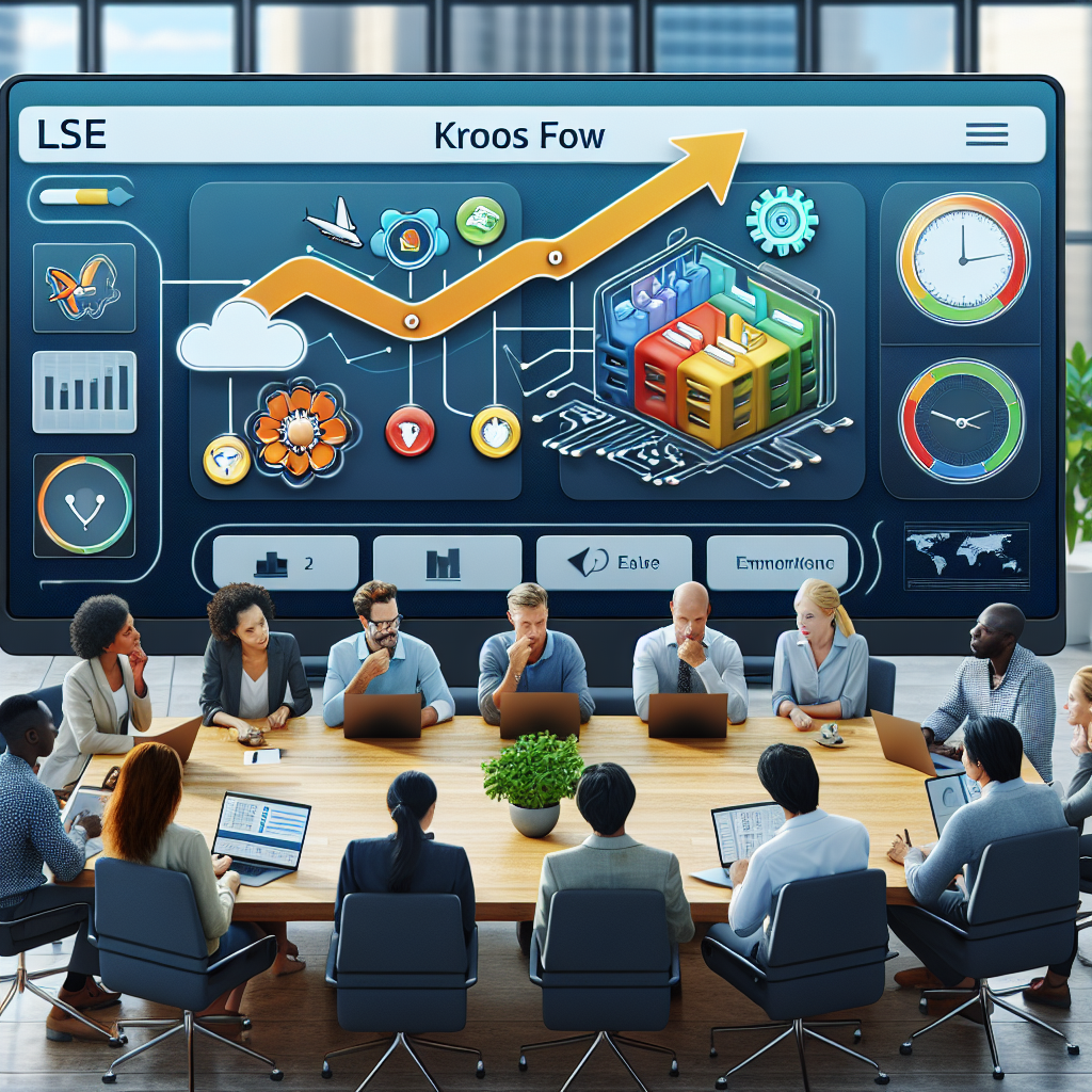 Kronos Flow Dashboard auf Laptop, Team diskutiert LSE-Prozesse und Workflow