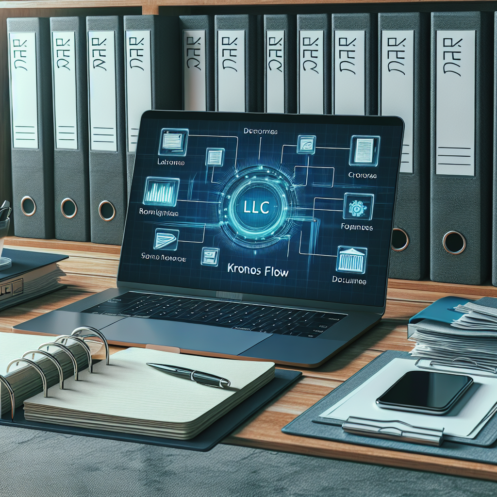 Laptop mit Kronos Flow Workflow, Ordner mit LLC-Dokumenten und Notizbuch auf Schreibtisch