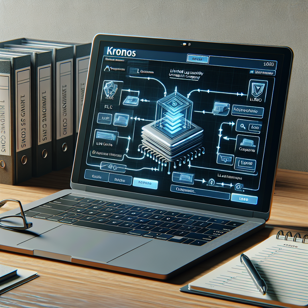 Laptop zeigt Kronos Flow Workflow, daneben LLC-Dokumente und Notizbuch