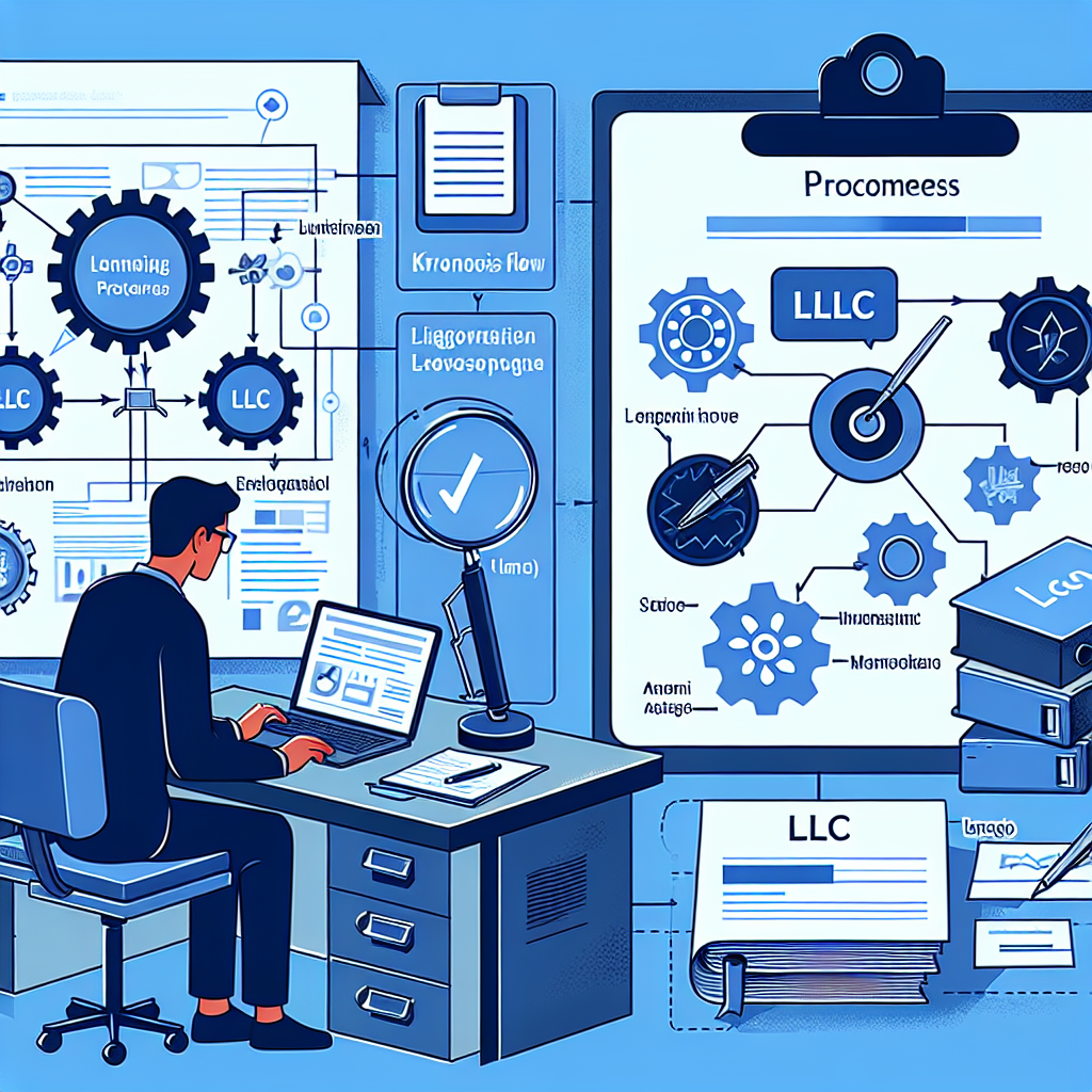 Person sieht Prozessdiagramm auf Laptop, Akte 'LLC' und Notizen zu Kronos Flow