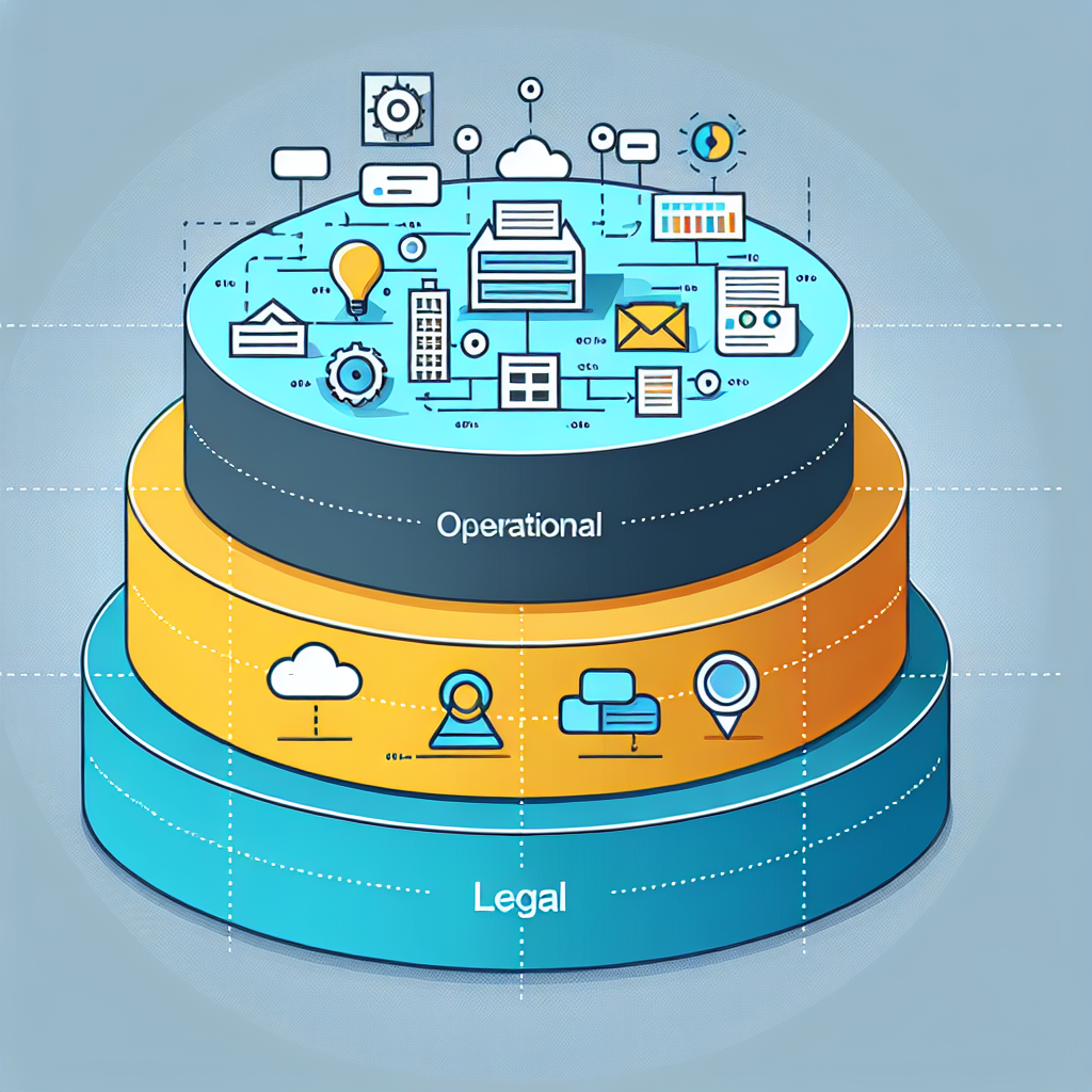 Schematische Grafik mit drei farbigen Ebenen und Icons für operativ, strategisch und rechtlich