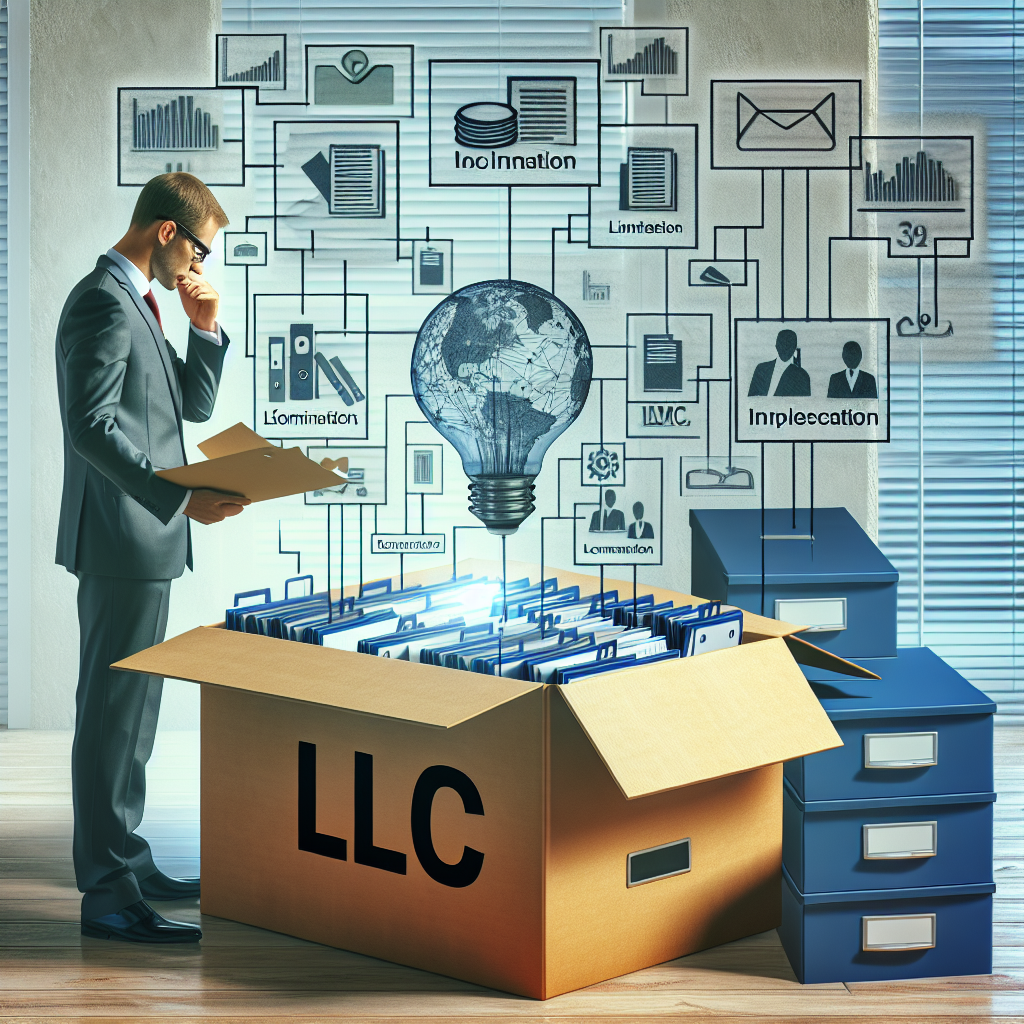 Geschäftsperson legt Akten in beschriftete Boxen, eine Box trägt 'LLC'.