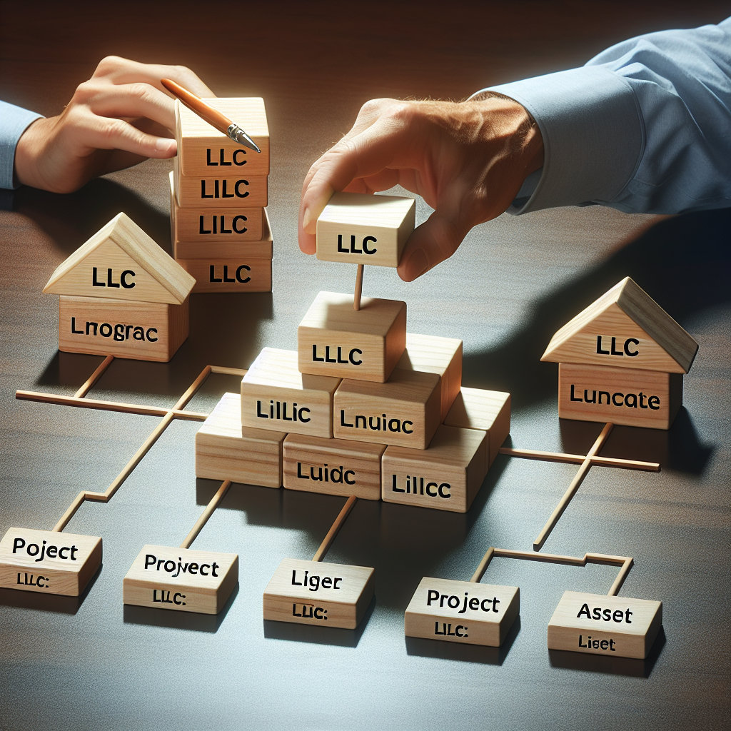Hände ordnen Holzbausteine beschriftet mit LLC, Projekt, Vermögen auf Schreibtisch