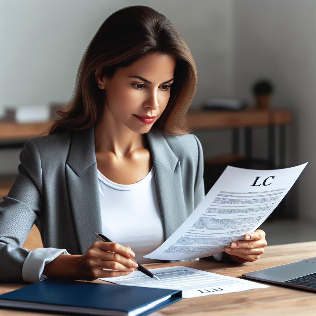 Frau am Schreibtisch liest LLC-Unterlagen neben Laptop und Stift