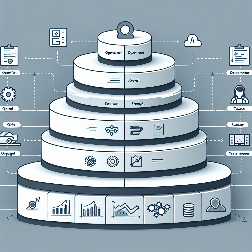 Illustration mit gestapelten Ebenen und Icons für operative, strategische und Projektstruktur